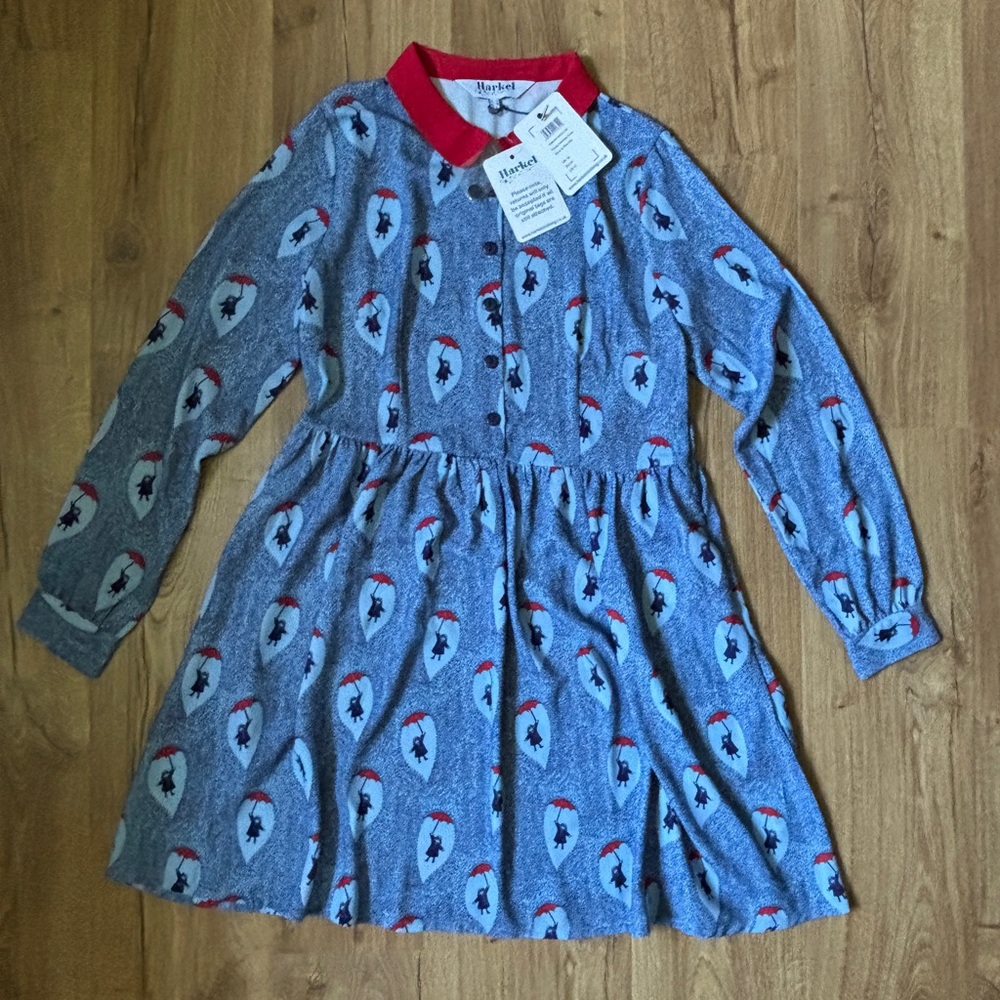 Blue and Red Dress with a print of a girl playing in raindrops with her umbrella